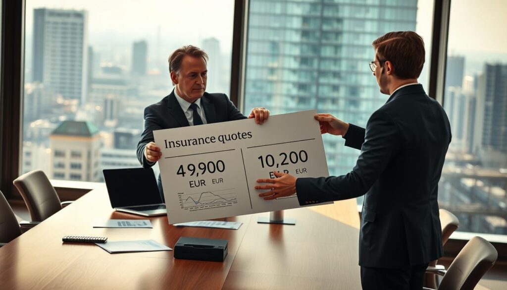 A detailed, visually engaging scene depicting a professional meeting between two insurance representatives in a bright, modern office setting. In the foreground, one representative, dressed in a tailored suit, is gesturing towards a large document titled "Insurance Quotes," which shows contrasting figures of 4,900 EUR and 10,200 EUR. The middle ground features a sleek conference table adorned with a laptop, charts, and a large window revealing a bustling city skyline in the background, bathed in natural daylight. The atmosphere is focused and professional, with a slight tension in the air as they discuss the case studies. Use soft, diffused lighting to enhance the setting while keeping the overall mood serious and businesslike. Ensure no text or branding is visible. A detailed, visually engaging scene depicting a professional meeting between two insurance representatives in a bright, modern office setting. In the foreground, one representative, dressed in a tailored suit, is gesturing towards a large document titled "Insurance Quotes," which shows contrasting figures of 4,900 EUR and 10,200 EUR. The middle ground features a sleek conference table adorned with a laptop, charts, and a large window revealing a bustling city skyline in the background, bathed in natural daylight. The atmosphere is focused and professional, with a slight tension in the air as they discuss the case studies. Use soft, diffused lighting to enhance the setting while keeping the overall mood serious and businesslike. Ensure no text or branding is visible.