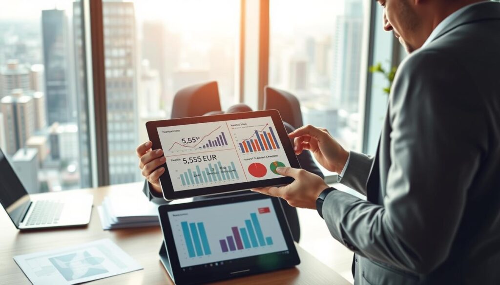 A professional insurance consultant in a modern office, analyzing financial documents related to insurance valuation. In the foreground, a focused individual in business attire examines a tablet displaying graphs and figures, highlighting "5 555 EUR" prominently. The middle ground features a sleek wooden desk with neatly stacked paperwork and a laptop open to a comparison chart. In the background, a large window reveals a bustling cityscape, with soft natural lighting illuminating the scene, creating a sense of clarity and professionalism. The mood exudes confidence and analytical rigor, emphasizing the advantages of the insurance valuation process. The overall composition should convey a blend of modernity and professionalism, aiming to engage the viewer's interest in the subject matter. A professional insurance consultant in a modern office, analyzing financial documents related to insurance valuation. In the foreground, a focused individual in business attire examines a tablet displaying graphs and figures, highlighting "5 555 EUR" prominently. The middle ground features a sleek wooden desk with neatly stacked paperwork and a laptop open to a comparison chart. In the background, a large window reveals a bustling cityscape, with soft natural lighting illuminating the scene, creating a sense of clarity and professionalism. The mood exudes confidence and analytical rigor, emphasizing the advantages of the insurance valuation process. The overall composition should convey a blend of modernity and professionalism, aiming to engage the viewer's interest in the subject matter.
