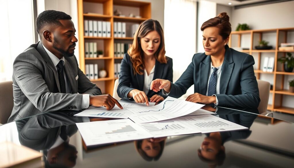 A professional office setting where a diverse group of three business people—one man and two women—are engaged in a discussion over insurance valuation papers laid out on a sleek modern table. The foreground features close-ups of the paperwork, with graphs and figures visible, symbolizing different insurance value assessments. In the middle ground, the business professionals are dressed in smart, professional attire, analyzing and pointing at the documents, showcasing expressions of focus and contemplation. The background includes shelves with insurance-related books and a large window letting in soft natural light, creating a balanced and inviting atmosphere. The overall mood is serious yet collaborative, depicting a common setting where myths about insurance valuations are addressed. A professional office setting where a diverse group of three business people—one man and two women—are engaged in a discussion over insurance valuation papers laid out on a sleek modern table. The foreground features close-ups of the paperwork, with graphs and figures visible, symbolizing different insurance value assessments. In the middle ground, the business professionals are dressed in smart, professional attire, analyzing and pointing at the documents, showcasing expressions of focus and contemplation. The background includes shelves with insurance-related books and a large window letting in soft natural light, creating a balanced and inviting atmosphere. The overall mood is serious yet collaborative, depicting a common setting where myths about insurance valuations are addressed.