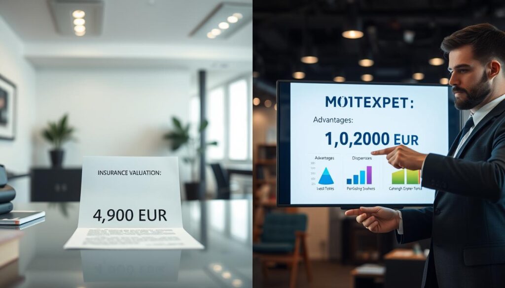 A split image illustrating two insurance valuation comparisons: on the left, a professional office setting showcasing a calm scenario with a clearly labeled document stating "Insurance Valuation: 4,900 EUR" on a neat desk. On the right, a contrasting scene featuring a well-dressed financial advisor pointing at a digital screen displaying the figure "MOTOEXPERT: 10,200 EUR," with graphs indicating advantages and disadvantages. The office environment should have a modern look, with soft lighting emanating from ceiling fixtures, creating a professional mood. Use a slight depth of field effect to focus on the documents and digital display, ensuring clarity. The overall atmosphere should convey analytical decision-making and professionalism, reflecting the pros and cons of each valuation clearly. A split image illustrating two insurance valuation comparisons: on the left, a professional office setting showcasing a calm scenario with a clearly labeled document stating "Insurance Valuation: 4,900 EUR" on a neat desk. On the right, a contrasting scene featuring a well-dressed financial advisor pointing at a digital screen displaying the figure "MOTOEXPERT: 10,200 EUR," with graphs indicating advantages and disadvantages. The office environment should have a modern look, with soft lighting emanating from ceiling fixtures, creating a professional mood. Use a slight depth of field effect to focus on the documents and digital display, ensuring clarity. The overall atmosphere should convey analytical decision-making and professionalism, reflecting the pros and cons of each valuation clearly.