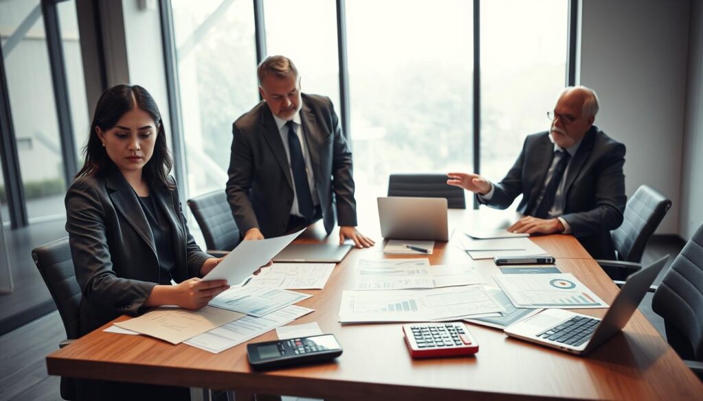 A visually engaging scene depicting a modern office setting focused on an insurance claims discussion. In the foreground, a professional businesswoman, dressed in smart attire, is reviewing documents with a concerned expression. Beside her, a middle-aged man, also in professional clothing, gestures toward a laptop displaying numerical data and graphs. The middle layer features a large conference table scattered with paperwork, a laptop, and a calculator, hinting at the complexities of insurance compensation. In the background, large windows let in soft, natural light, casting a calming glow over the room. The atmosphere is serious yet hopeful, symbolizing the potential for reevaluation and appeal in insurance claims. The angle is slightly elevated, providing a comprehensive view of the interaction. A visually engaging scene depicting a modern office setting focused on an insurance claims discussion. In the foreground, a professional businesswoman, dressed in smart attire, is reviewing documents with a concerned expression. Beside her, a middle-aged man, also in professional clothing, gestures toward a laptop displaying numerical data and graphs. The middle layer features a large conference table scattered with paperwork, a laptop, and a calculator, hinting at the complexities of insurance compensation. In the background, large windows let in soft, natural light, casting a calming glow over the room. The atmosphere is serious yet hopeful, symbolizing the potential for reevaluation and appeal in insurance claims. The angle is slightly elevated, providing a comprehensive view of the interaction.
