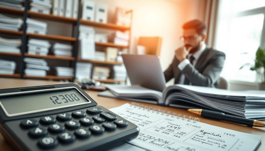 A detailed analysis of repair costs in an insurance context. In the foreground, a calculator displaying a breakdown of costs, along with a notepad filled with handwritten notes and charts. In the middle ground, a business consultant in smart casual attire is seated at a desk, looking thoughtfully at the documents with a laptop open, highlighting the significance of financial evaluations. The background features a blurred office environment with shelves full of financial reports and insurance policies, conveying a professional atmosphere. Soft, natural lighting filters through a window, creating a calm, focused mood. The scene captures complex decision-making, emphasizing the theme of cost analysis without any text or distractions. A detailed analysis of repair costs in an insurance context. In the foreground, a calculator displaying a breakdown of costs, along with a notepad filled with handwritten notes and charts. In the middle ground, a business consultant in smart casual attire is seated at a desk, looking thoughtfully at the documents with a laptop open, highlighting the significance of financial evaluations. The background features a blurred office environment with shelves full of financial reports and insurance policies, conveying a professional atmosphere. Soft, natural lighting filters through a window, creating a calm, focused mood. The scene captures complex decision-making, emphasizing the theme of cost analysis without any text or distractions.