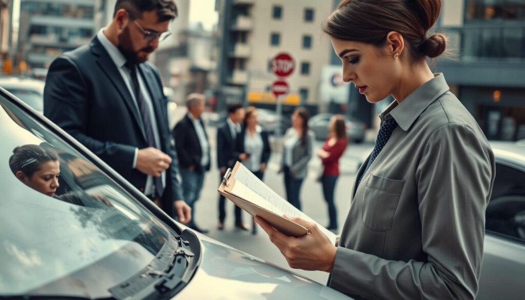 A detailed, analytical scene illustrating damage assessment in an urban setting. In the foreground, depict a professional consultant, dressed in smart business attire, examining a damaged vehicle with a clipboard in hand. In the middle ground, highlight a small group of attentive individuals, discussing observations and sharing opinions on the valuation process. The background should feature a cityscape with buildings and visual elements indicating the passage of time since an incident, like weathering or fading signs. Use natural lighting to create a realistic atmosphere, capturing soft shadows and reflections. The mood should be serious yet engaged, embodying a sense of collaboration and critical evaluation. Angle the view slightly from above to encompass both the consultation and the urban environment.