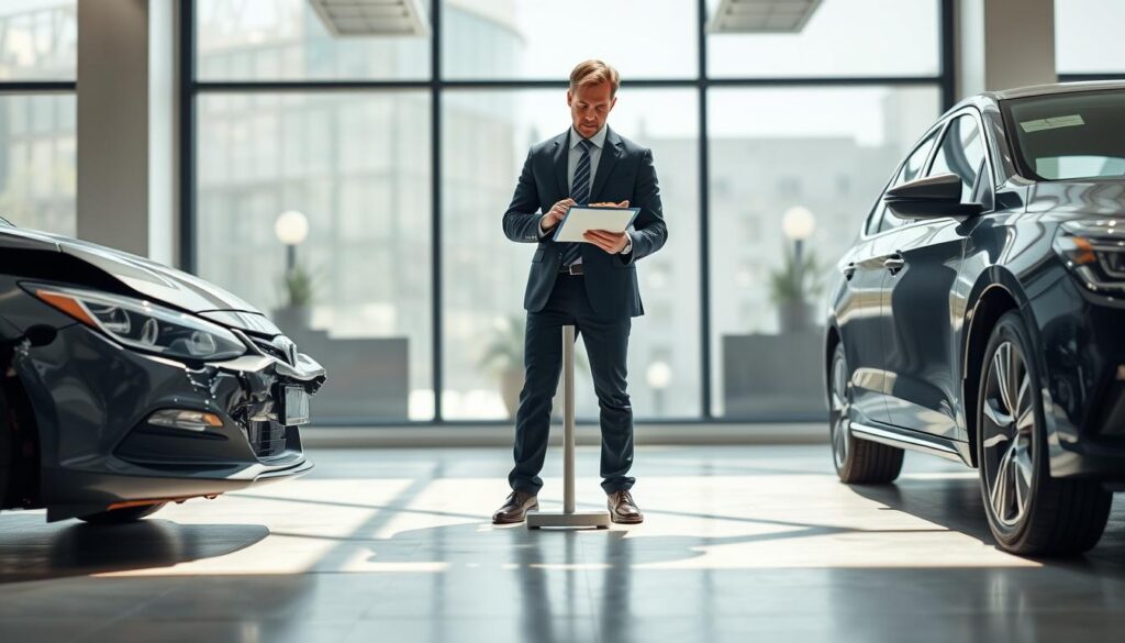 A detailed and professional setting depicting two vehicles side by side: on the left, a damaged car symbolizing a lower insurance valuation, painted in darker tones with cracks in the windshield, and on the right, a well-maintained vehicle representing a higher evaluation, gleaming under soft daylight. The foreground features a business professional in smart attire, examining a clipboard with notes, conveying a sense of analysis. In the middle ground, a comparison chart is subtly integrated between the vehicles, showcasing numerical values without any text. The background consists of an office environment with large windows allowing natural light to illuminate the scene, creating a serious yet inviting atmosphere. The focus should be sharp, with a slight blur on the background to emphasize the two cars and the professional figure. A detailed and professional setting depicting two vehicles side by side: on the left, a damaged car symbolizing a lower insurance valuation, painted in darker tones with cracks in the windshield, and on the right, a well-maintained vehicle representing a higher evaluation, gleaming under soft daylight. The foreground features a business professional in smart attire, examining a clipboard with notes, conveying a sense of analysis. In the middle ground, a comparison chart is subtly integrated between the vehicles, showcasing numerical values without any text. The background consists of an office environment with large windows allowing natural light to illuminate the scene, creating a serious yet inviting atmosphere. The focus should be sharp, with a slight blur on the background to emphasize the two cars and the professional figure.