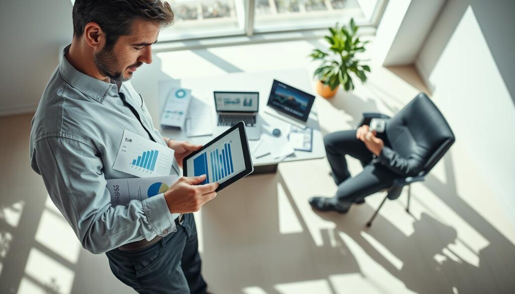 A detailed and professional setting for insurance valuation analysis. In the foreground, a confident insurance adjuster in business attire reviews documents and data on a tablet, surrounded by charts and graphs representing valuation figures, like "6,100 EUR" and "13,200 EUR." In the middle ground, a modern office desk is cluttered with papers, financial reports, and a laptop displaying relevant analytical software. The background features a large window, allowing natural light to illuminate the space, enhancing a focused atmosphere. Soft shadows stretch across the polished floor, creating a calm yet serious mood. The camera angle is slightly above eye level, emphasizing the professionalism and intensity of the valuation process in a contemporary workplace. A detailed and professional setting for insurance valuation analysis. In the foreground, a confident insurance adjuster in business attire reviews documents and data on a tablet, surrounded by charts and graphs representing valuation figures, like "6,100 EUR" and "13,200 EUR." In the middle ground, a modern office desk is cluttered with papers, financial reports, and a laptop displaying relevant analytical software. The background features a large window, allowing natural light to illuminate the space, enhancing a focused atmosphere. Soft shadows stretch across the polished floor, creating a calm yet serious mood. The camera angle is slightly above eye level, emphasizing the professionalism and intensity of the valuation process in a contemporary workplace.