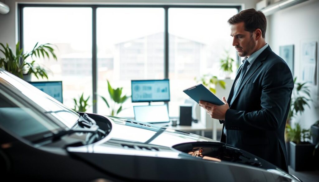 A detailed scene depicting a car damage assessment taking place in an office setting. In the foreground, a professional-looking man in business attire examines a damaged car hood with a clipboard in hand, focusing intently on the damage. In the middle ground, a large window allows natural light to flood the space, illuminating the room filled with high-tech assessment tools and computer screens displaying repair estimates. The background features a modern office environment with plants and charts on the walls, creating a professional atmosphere. The overall mood is serious and focused, highlighting the significance of accurate damage evaluation. The scene is captured with a shallow depth of field, emphasizing the subjects and tools while softly blurring the background to enhance focus.