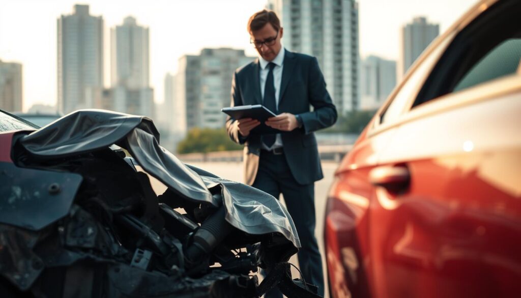 A detailed scene depicting car crash damages in a serene urban environment. In the foreground, a damaged vehicle showing crumpled metal and shattered glass, emphasizing the extent of the damage. The middle ground features a professional insurance adjuster in business attire examining the car with a clipboard, showcasing his analytical approach. In the background, a blurred cityscape with tall buildings, creating a realistic urban context. The lighting is soft and natural, suggesting an early afternoon glow, enhancing the emotional weight of the situation. The overall mood is somber yet professional, highlighting the theme of insurance valuation accuracy. The composition is carefully balanced, focusing on the adjuster and the damaged vehicle as the central elements.