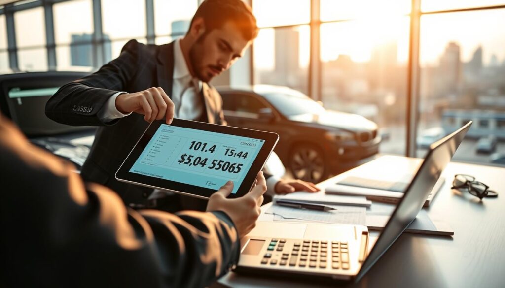 A detailed vehicle valuation scene in a modern office setting. In the foreground, a professional in business attire is analyzing a sleek, luxury car on a tablet, displaying numerical data. In the middle ground, a contemporary desk with papers, a laptop, and a calculator, emphasizing a thorough assessment process. The background features large windows with soft natural light streaming in, contrasting with a cityscape skyline. The overall mood is serious and focused, conveying the importance of accurate vehicle valuation. The image captures the essence of practical situations in the evaluation process, with a combination of technical elements like warm lighting and a shallow depth of field to draw attention to the subject.