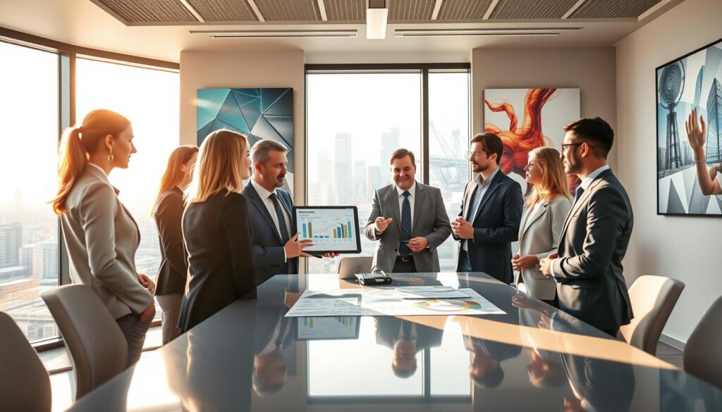 A modern office environment illustrating trends in the insurance industry in Germany. In the foreground, a diverse group of professional individuals in business attire are engaged in a discussion around a sleek conference table, showcasing graphs and charts. One person is presenting a digital tablet displaying insurance statistics, while others observe attentively. The middle ground features a large window with a view of a bustling city skyline, sun pouring in, creating a bright and optimistic atmosphere. In the background, abstract artwork representing innovation and growth hangs on the walls. The scene is illuminated with warm, natural light, emphasizing collaboration and professionalism, using a soft focus to create a welcoming and futuristic feel.