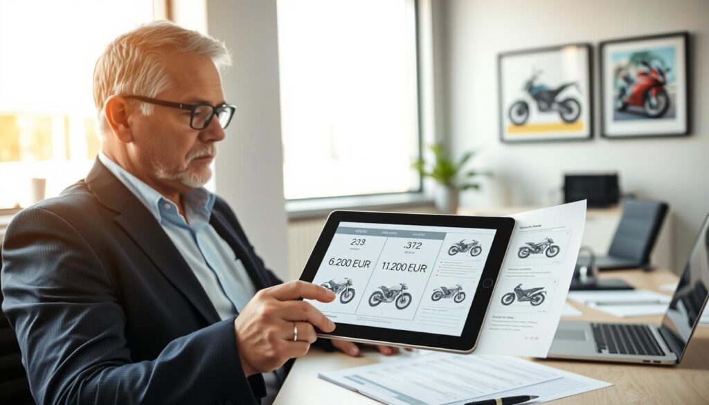 A modern office setting showcasing a professional detailing of motorcycle damage assessments. In the foreground, a meticulous insurance adjuster in business attire, a middle-aged man with glasses, reviews a detailed report with illustrations of motorbike damages. In the middle, a sleek digital tablet displaying a comparison chart with two figures: 6,200 EUR and 11,400 EUR. The background features a well-organized desk with legal documents, a laptop, and framed motorcycle art, emphasizing a work environment. Soft, natural lighting filters through large windows, creating a focused yet vibrant atmosphere, enhancing the mood of professionalism and expertise. The angle is slightly elevated, giving a comprehensive view of the workspace and the adjuster's concentrated expression. A modern office setting showcasing a professional detailing of motorcycle damage assessments. In the foreground, a meticulous insurance adjuster in business attire, a middle-aged man with glasses, reviews a detailed report with illustrations of motorbike damages. In the middle, a sleek digital tablet displaying a comparison chart with two figures: 6,200 EUR and 11,400 EUR. The background features a well-organized desk with legal documents, a laptop, and framed motorcycle art, emphasizing a work environment. Soft, natural lighting filters through large windows, creating a focused yet vibrant atmosphere, enhancing the mood of professionalism and expertise. The angle is slightly elevated, giving a comprehensive view of the workspace and the adjuster's concentrated expression.
