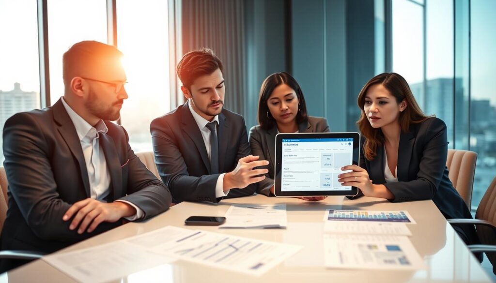A modern office setting with a professional ambiance, highlighting the theme of car insurance. In the foreground, a diverse group of business professionals—two men and one woman—are seated around a sleek conference table, examining a digital tablet displaying car insurance quotes. They are dressed in smart business attire, engaged in thoughtful discussion. In the middle ground, a large window allows soft, natural light to flood the room, illuminating insurance documents and charts scattered on the table. The background features a bright cityscape through the glass, symbolizing progress and confidence in the insurance industry. The overall mood is serious yet collaborative, with a focus on clarity and understanding of insurance terms. The image captures a moment of professional exchange, emphasizing the importance of comprehending insurance evaluations.