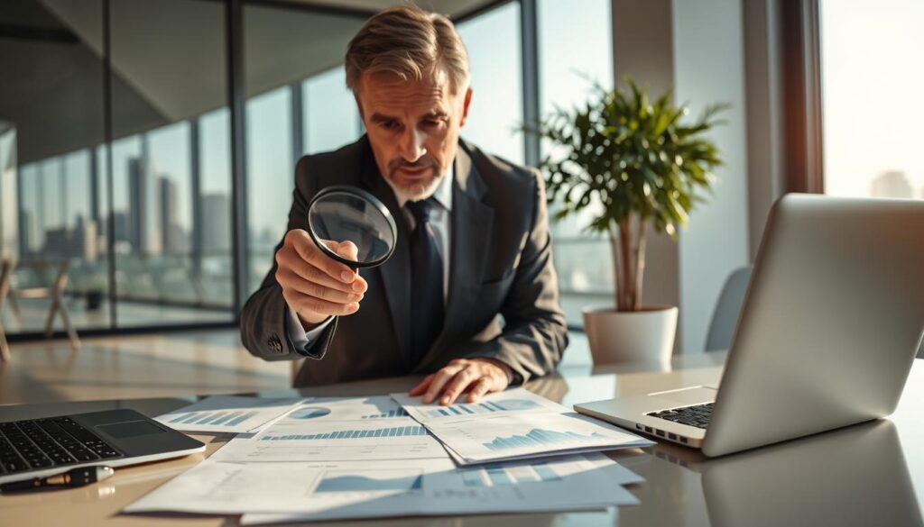 A professional appraiser in a sleek office setting, analyzing documents and data on a modern desk filled with charts and a laptop. In the foreground, the appraiser, a middle-aged man in a tailored suit, holds a magnifying glass over a financial report, symbolizing objectivity and scrutiny. The background features a large window with natural light flooding in, revealing a cityscape, hinting at an analytical environment. Soft shadows create a serious yet open atmosphere, while neutral color tones emphasize professionalism. A potted plant adds a touch of warmth to the scene, and the lens captures a slight tilt, elevating the viewer's perspective to enhance engagement without distractions from text or logos.