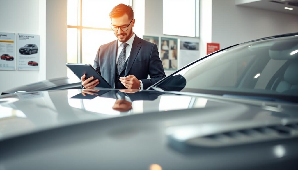A professional automobile appraiser, dressed in a smart business suit, stands confidently next to a sleek, modern car inside a bright, well-lit office. The appraiser is examining the vehicle's features with a meticulous gaze, using a digital tablet to input data. In the foreground, a detailed close-up of the car’s hood showcases its polished finish, while the middle ground reveals the appraiser interacting with the car. The background is filled with industry-related posters and a large window allowing natural light to illuminate the scene, creating a professional and focused atmosphere. The image should convey expertise, professionalism, and the nuanced art of vehicle appraisal. Use soft yet vivid lighting to emphasize the details, and capture the moment from a slightly elevated angle for an engaging perspective.