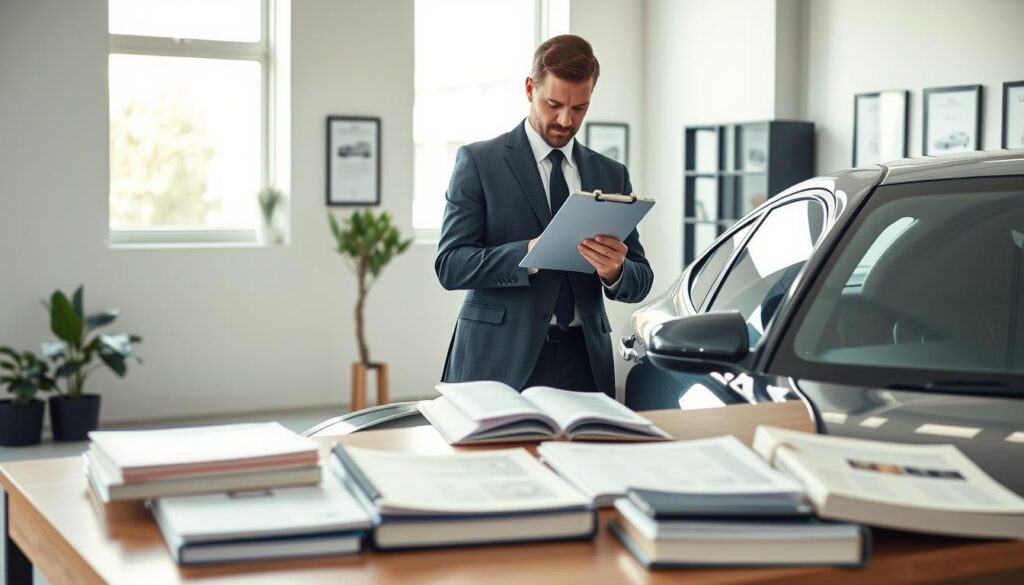 A professional automotive appraiser, depicted in smart business attire, stands confidently beside a sleek, modern car in an office environment. The foreground features the appraiser examining the vehicle meticulously, using a clipboard with charts and note-taking tools prominently in hand. In the middle ground, soft natural light filters through a large window, highlighting a desk with an array of automotive reference books, suggesting expertise. The background showcases a neat office space adorned with framed certifications and vehicle diagrams, creating a sense of professionalism. The mood is focused and analytical, reflecting the importance of selecting the right appraiser for vehicle evaluations, with a clean, well-organized aesthetic that conveys trust and expertise.