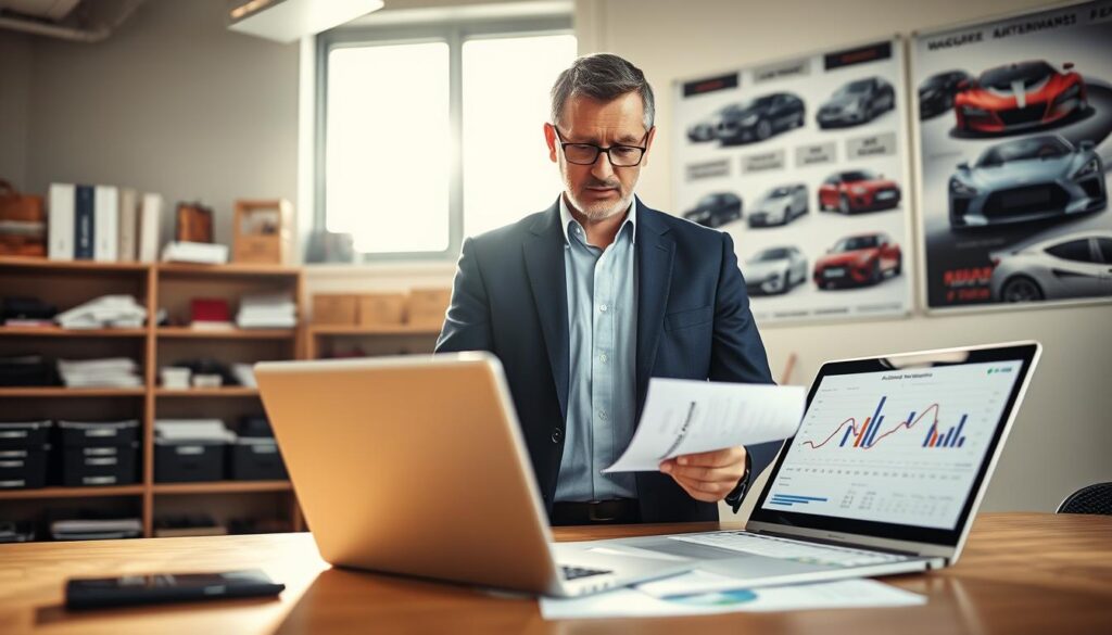 A professional automotive expert, a middle-aged man in a tailored navy suit, standing confidently in an office environment, examining a detailed car report on his desk. The foreground features a sleek laptop displaying graphs and figures related to vehicle valuations. In the middle, a vast window allows bright, natural lighting to pour in, illuminating shelves filled with automotive manuals and tools. In the background, a large poster of various car models and their designs hangs on the wall, emphasizing expertise in vehicle assessment. The overall atmosphere is one of professionalism and trust, inviting viewers to consider the importance of choosing the right expert for vehicle valuation. The image should have a clean, modern feel with a depth of field effect, focusing sharply on the expert and the desk while softly blurring the background. A professional automotive expert, a middle-aged man in a tailored navy suit, standing confidently in an office environment, examining a detailed car report on his desk. The foreground features a sleek laptop displaying graphs and figures related to vehicle valuations. In the middle, a vast window allows bright, natural lighting to pour in, illuminating shelves filled with automotive manuals and tools. In the background, a large poster of various car models and their designs hangs on the wall, emphasizing expertise in vehicle assessment. The overall atmosphere is one of professionalism and trust, inviting viewers to consider the importance of choosing the right expert for vehicle valuation. The image should have a clean, modern feel with a depth of field effect, focusing sharply on the expert and the desk while softly blurring the background.