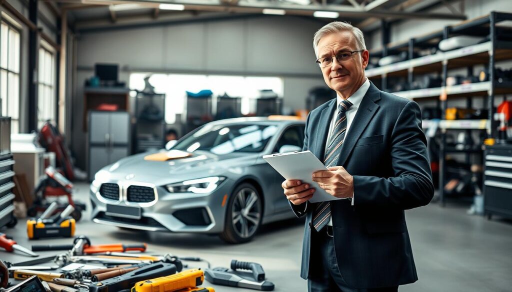 A professional automotive expert, depicted as a middle-aged Caucasian man in a crisp business suit and a tie, stands confidently in a well-lit workshop. He holds a clipboard, examining a car with an attentive gaze. The foreground features tools and automotive equipment scattered around, showcasing a dynamic work environment. In the middle, a sleek car is being inspected, illuminated by bright, natural lighting pouring in through large windows. The background includes shelves filled with automotive parts and diagnostic machines, creating a structured and organized atmosphere. The mood is one of expertise and assurance, inviting trust in the services provided by MOTOEXPERT, highlighting professionalism and reliability in automotive valuation. A professional automotive expert, depicted as a middle-aged Caucasian man in a crisp business suit and a tie, stands confidently in a well-lit workshop. He holds a clipboard, examining a car with an attentive gaze. The foreground features tools and automotive equipment scattered around, showcasing a dynamic work environment. In the middle, a sleek car is being inspected, illuminated by bright, natural lighting pouring in through large windows. The background includes shelves filled with automotive parts and diagnostic machines, creating a structured and organized atmosphere. The mood is one of expertise and assurance, inviting trust in the services provided by MOTOEXPERT, highlighting professionalism and reliability in automotive valuation.