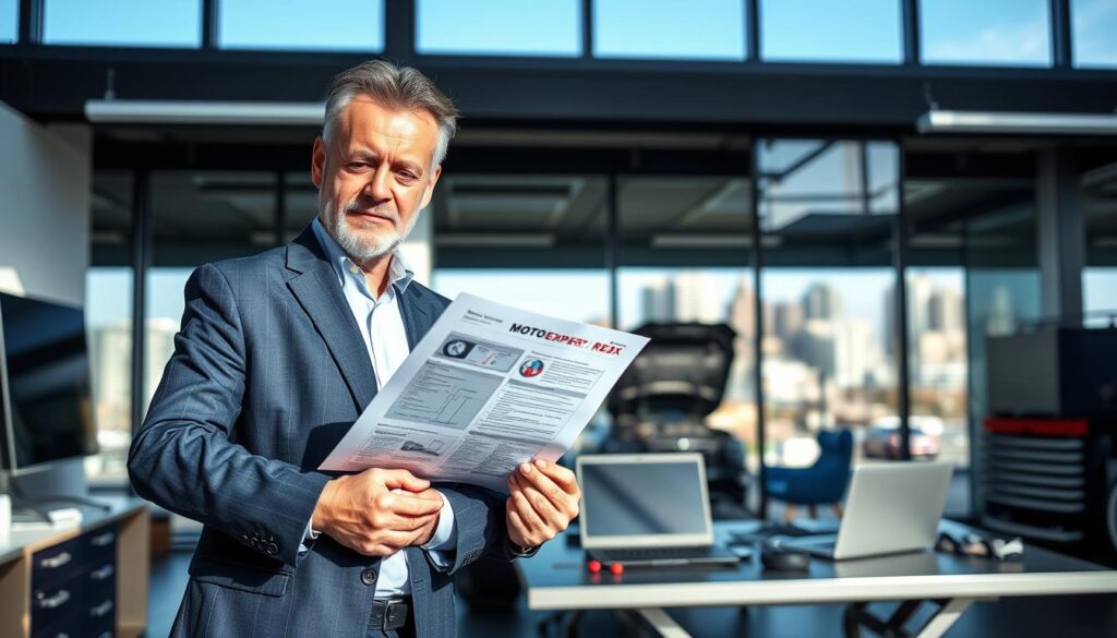A professional automotive expert, depicting a "rzeczoznawca MOTOEXPERT," standing confidently in a modern office space. In the foreground, focus on a middle-aged man dressed in a sharp, navy blue suit with a crisp white shirt, examining a detailed vehicle inspection report. In the middle ground, a sleek, sophisticated desk with a laptop and automotive tools organized neatly. In the background, a large window showcases a cityscape, bustling with activity under a clear blue sky, lending a bright and professional atmosphere. The lighting is natural, highlighting the subject and creating soft shadows. The image conveys a sense of expertise and professionalism while being inviting and engaging, suitable for an informative article. A professional automotive expert, depicting a "rzeczoznawca MOTOEXPERT," standing confidently in a modern office space. In the foreground, focus on a middle-aged man dressed in a sharp, navy blue suit with a crisp white shirt, examining a detailed vehicle inspection report. In the middle ground, a sleek, sophisticated desk with a laptop and automotive tools organized neatly. In the background, a large window showcases a cityscape, bustling with activity under a clear blue sky, lending a bright and professional atmosphere. The lighting is natural, highlighting the subject and creating soft shadows. The image conveys a sense of expertise and professionalism while being inviting and engaging, suitable for an informative article.