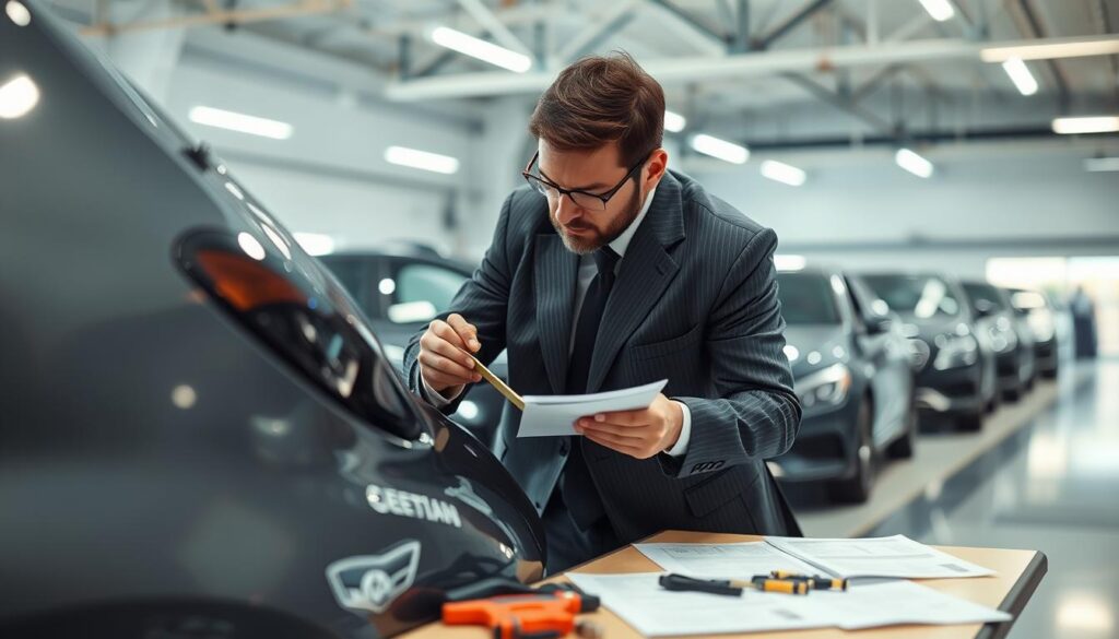 A professional automotive expert, dressed in a smart business suit, is inspecting a car in a brightly lit garage setting. In the foreground, the expert is closely examining the vehicle's bodywork, using a measuring tool to assess any damages. The middle layer features various automotive tools and reference documents spread out on a nearby workbench, indicating detailed evaluation. In the background, several vehicles are seen, representing a mix of both new and used models, subtly implying a diverse market. Soft overhead lighting creates a professional atmosphere, enhancing the mood of diligence and accuracy. The focus is sharp, with a slight depth of field blurring the background, highlighting the expert's concentration and expertise in vehicle appraisal. A professional automotive expert, dressed in a smart business suit, is inspecting a car in a brightly lit garage setting. In the foreground, the expert is closely examining the vehicle's bodywork, using a measuring tool to assess any damages. The middle layer features various automotive tools and reference documents spread out on a nearby workbench, indicating detailed evaluation. In the background, several vehicles are seen, representing a mix of both new and used models, subtly implying a diverse market. Soft overhead lighting creates a professional atmosphere, enhancing the mood of diligence and accuracy. The focus is sharp, with a slight depth of field blurring the background, highlighting the expert's concentration and expertise in vehicle appraisal.