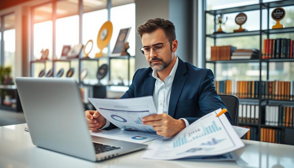 A professional automotive expert, resembling a confident male, is seated at a modern desk, reviewing detailed vehicle inspection reports and valuation documents. He wears a tailored navy suit and a crisp white shirt, exuding trust and expertise. In the foreground, a laptop displays charts and graphs related to car valuations. In the middle ground, shelves are filled with automotive books and industry awards, symbolizing a wealth of knowledge. The background features large windows with natural light streaming in, creating a bright and inviting atmosphere. The image captures an intimate, focused ambiance, emphasizing professionalism and credibility. The composition is shot with a shallow depth of field, highlighting the expert while gently blurring the background elements for a polished, sophisticated look. A professional automotive expert, resembling a confident male, is seated at a modern desk, reviewing detailed vehicle inspection reports and valuation documents. He wears a tailored navy suit and a crisp white shirt, exuding trust and expertise. In the foreground, a laptop displays charts and graphs related to car valuations. In the middle ground, shelves are filled with automotive books and industry awards, symbolizing a wealth of knowledge. The background features large windows with natural light streaming in, creating a bright and inviting atmosphere. The image captures an intimate, focused ambiance, emphasizing professionalism and credibility. The composition is shot with a shallow depth of field, highlighting the expert while gently blurring the background elements for a polished, sophisticated look.