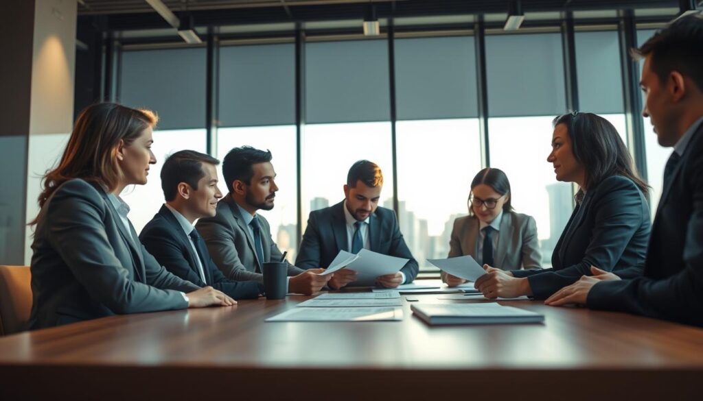 A professional business meeting scene focused on negotiation strategies. In the foreground, a diverse group of business professionals in smart attire is engaged in a discussion, analyzing documents and data on a sleek wooden table. The middle ground features a large window with natural light streaming in, illuminating the space and casting soft shadows. A modern cityscape can be seen in the background, hinting at the bustling environment outside. The atmosphere is one of concentration and collaboration, reflecting the urgency and importance of negotiations. Soft, warm lighting enhances the mood of productivity and professionalism, with a slightly blurred depth of field to emphasize the group's engagement in the discussion. A professional business meeting scene focused on negotiation strategies. In the foreground, a diverse group of business professionals in smart attire is engaged in a discussion, analyzing documents and data on a sleek wooden table. The middle ground features a large window with natural light streaming in, illuminating the space and casting soft shadows. A modern cityscape can be seen in the background, hinting at the bustling environment outside. The atmosphere is one of concentration and collaboration, reflecting the urgency and importance of negotiations. Soft, warm lighting enhances the mood of productivity and professionalism, with a slightly blurred depth of field to emphasize the group's engagement in the discussion.