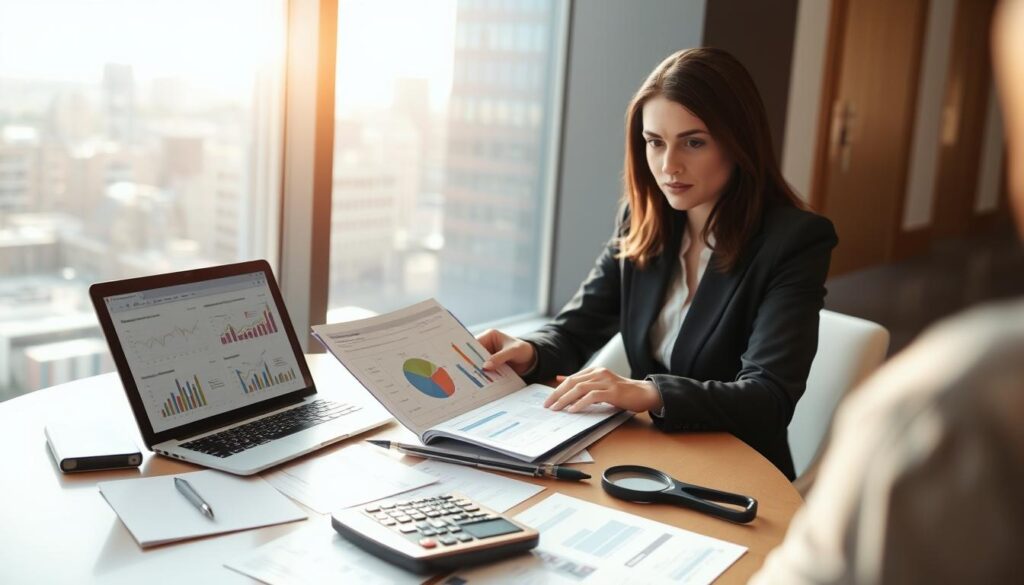 A professional business meeting setting focused on the theme of valuation choices. In the foreground, a well-dressed businesswoman with a laptop open, analyzing financial data visually represented by diverse charts and graphs. In the middle, a round table with documents, a calculator, and a magnifying glass, indicating detailed evaluation processes. The background features a large window with a cityscape, letting in warm, diffused sunlight that creates a bright and optimistic atmosphere. The overall mood is focused and collaborative, emphasizing critical thinking and analysis in decision-making related to valuation. The camera angle is slightly elevated to capture the scene's dynamics without any people appearing distracted or disengaged.