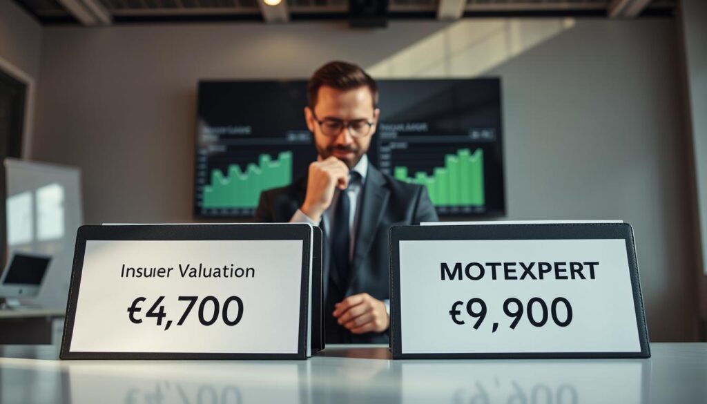 A professional business setting depicting a comparison of insurance valuations. In the foreground, a modern desk with two folders labeled "Insurer Valuation" and "MOTOEXPERT" showcasing their respective figures, €4,700 and €9,900, clearly visible. In the middle ground, a well-dressed expert (in business attire) analyzing the documents, with a thoughtful expression. To the background, a large screen displays graphs comparing the two valuations, with a sleek, high-tech office environment. Natural lighting streams in, creating an optimistic and analytical mood. The angle is slightly above eye level, providing a comprehensive view of the comparison while focusing on the subject's engagement with the data. A professional business setting depicting a comparison of insurance valuations. In the foreground, a modern desk with two folders labeled "Insurer Valuation" and "MOTOEXPERT" showcasing their respective figures, €4,700 and €9,900, clearly visible. In the middle ground, a well-dressed expert (in business attire) analyzing the documents, with a thoughtful expression. To the background, a large screen displays graphs comparing the two valuations, with a sleek, high-tech office environment. Natural lighting streams in, creating an optimistic and analytical mood. The angle is slightly above eye level, providing a comprehensive view of the comparison while focusing on the subject's engagement with the data.