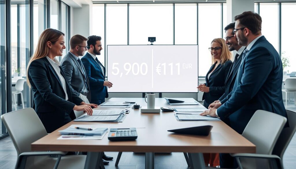 A professional business setting focused on the concept of alternative damage valuation. In the foreground, depict a diverse group of professionals in smart business attire, engaged in a discussion around a table filled with documents and calculators, representing different valuation methods. The middle ground features a large screen displaying contrasting figures: 5,900 EUR and 11,800 EUR, emphasized through bright visual elements. The background showcases a modern office environment with large windows letting in natural light, creating a bright and optimistic atmosphere. Use soft lighting to enhance the professionalism of the scene, shot from a slightly elevated angle to capture both the table and the screen clearly, fostering a mood of collaboration and analytical thinking.