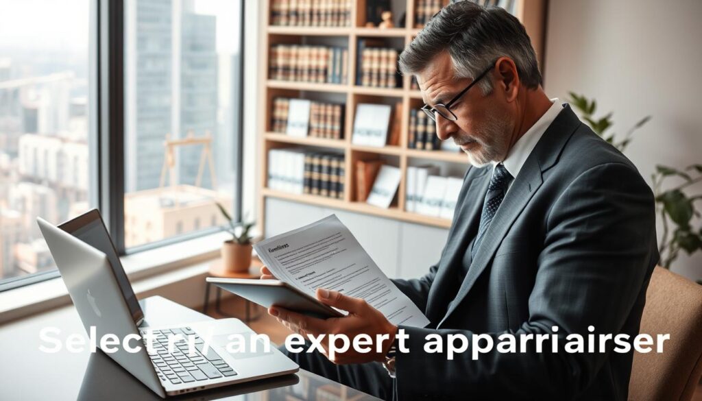 A professional consultant reviewing documents in a modern office setting, with emphasis on the criteria for selecting an expert appraiser. In the foreground, a focused middle-aged man in business attire studies a detailed checklist on a tablet, while a laptop displays analytical data. In the middle ground, a large window reveals a bustling cityscape, hinting at the business context. Soft, natural lighting illuminates the room, creating a warm and professional atmosphere. The background features shelves filled with law and finance books, and a potted plant adds a touch of greenery. The angle is slightly from above, providing a comprehensive view that encourages contemplation and evaluation.