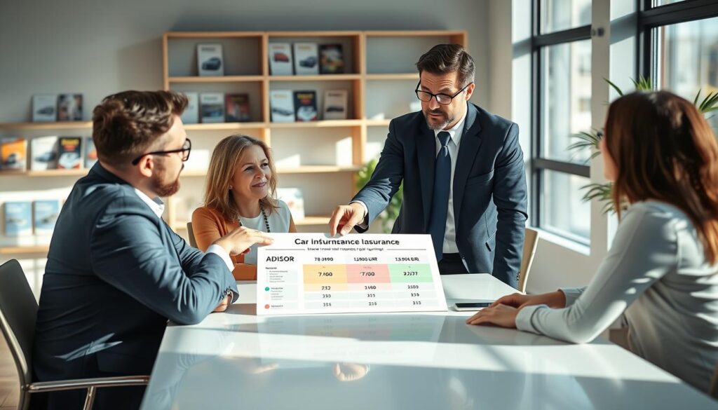 A professional insurance advisor in a smart business suit, consulting with a couple in business casual attire, seated at a modern conference table. The advisor points towards a detailed infographic displaying comparisons of car insurance values between 7,100 EUR and 13,500 EUR, emphasizing key benefits and recommendations. The setting is bright and airy, with large windows letting in natural light, casting soft shadows. The background shows shelves filled with car insurance brochures and a plant for a welcoming touch. The mood is informative and supportive, conveying trust and professionalism, showcasing the importance of choosing the right car insurance provider. Use a wide-angle lens for a detailed view, ensuring clarity and focus on the figures and expressions. A professional insurance advisor in a smart business suit, consulting with a couple in business casual attire, seated at a modern conference table. The advisor points towards a detailed infographic displaying comparisons of car insurance values between 7,100 EUR and 13,500 EUR, emphasizing key benefits and recommendations. The setting is bright and airy, with large windows letting in natural light, casting soft shadows. The background shows shelves filled with car insurance brochures and a plant for a welcoming touch. The mood is informative and supportive, conveying trust and professionalism, showcasing the importance of choosing the right car insurance provider. Use a wide-angle lens for a detailed view, ensuring clarity and focus on the figures and expressions.