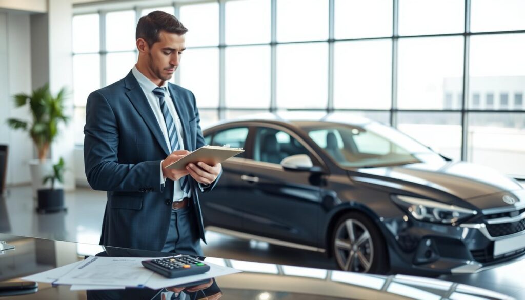 A professional insurance appraiser, dressed in formal attire, stands in an office setting, examining a car with a clipboard in hand. The foreground features the appraiser focused intently on the vehicle, noting details about its condition and value. In the middle, there’s a sleek, modern office desk with financial documents and a calculator, emphasizing the analytical nature of the profession. The background shows large windows letting in bright, natural light, casting soft shadows that convey a calm atmosphere. The appraiser's expression reflects confidence and dedication, embodying the expectations clients have towards their expertise. The overall mood is professional and trustworthy, with a crisp, clear focus on the assessment process. The angle is slightly elevated, showcasing both the appraiser and the vehicle effectively, without any text or distractions.