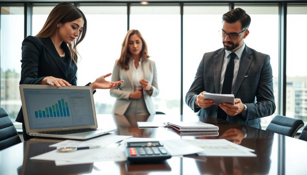 A professional meeting scene in an office environment, showcasing two business professionals discussing claims and evaluations. In the foreground, a confident woman in business attire is gesturing to a laptop displaying financial charts, while a serious man in a tailored suit is taking notes on a notepad. In the middle ground, a modern conference table is cluttered with documents and a calculator, representing assessments of insurance claims. The background features large windows letting in natural light, illuminating the scene. The atmosphere conveys a serious and analytical mood, highlighting the importance of customer experiences in insurance evaluations. The angle should emphasize the interaction between the two professionals, capturing their focus and engagement. Bright but soft lighting enhances clarity and professionalism.
