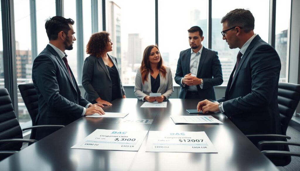A professional office meeting scene focused on accident compensation claims. The foreground features a diverse group of three professionals dressed in smart business attire, engaged in a serious discussion. The middle ground shows a sleek conference table with documents, including charts and figures illustrating different compensation amounts: 5,300 EUR and 12,000 EUR. The background features a tall window allowing natural light to flood in, illuminating a modern office setting with city views. Soft, diffused lighting creates a focused atmosphere, while a slight depth of field emphasizes the discussion. The mood is analytical and serious, reflecting the importance of accurate compensation assessment in personal injury cases. A professional office meeting scene focused on accident compensation claims. The foreground features a diverse group of three professionals dressed in smart business attire, engaged in a serious discussion. The middle ground shows a sleek conference table with documents, including charts and figures illustrating different compensation amounts: 5,300 EUR and 12,000 EUR. The background features a tall window allowing natural light to flood in, illuminating a modern office setting with city views. Soft, diffused lighting creates a focused atmosphere, while a slight depth of field emphasizes the discussion. The mood is analytical and serious, reflecting the importance of accurate compensation assessment in personal injury cases.