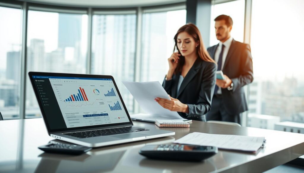 A professional office setting centered around the theme of automotive insurance. In the foreground, a sleek modern desk with a laptop open, displaying charts and graphs related to insurance pricing. To the side, a calculator and a notepad filled with notes on policy comparisons. In the middle ground, a well-dressed businesswoman analyzing paperwork with a thoughtful expression, accompanied by a male colleague in business attire discussing insurance options. The background features a large window with cityscape views, allowing natural light to fill the room, creating a bright and focused atmosphere. Soft focus on the outside helps emphasize the importance of the task at hand. Capture a mood of professionalism and collaboration, showcasing the essence of choosing the right insurance policy. A professional office setting centered around the theme of automotive insurance. In the foreground, a sleek modern desk with a laptop open, displaying charts and graphs related to insurance pricing. To the side, a calculator and a notepad filled with notes on policy comparisons. In the middle ground, a well-dressed businesswoman analyzing paperwork with a thoughtful expression, accompanied by a male colleague in business attire discussing insurance options. The background features a large window with cityscape views, allowing natural light to fill the room, creating a bright and focused atmosphere. Soft focus on the outside helps emphasize the importance of the task at hand. Capture a mood of professionalism and collaboration, showcasing the essence of choosing the right insurance policy.