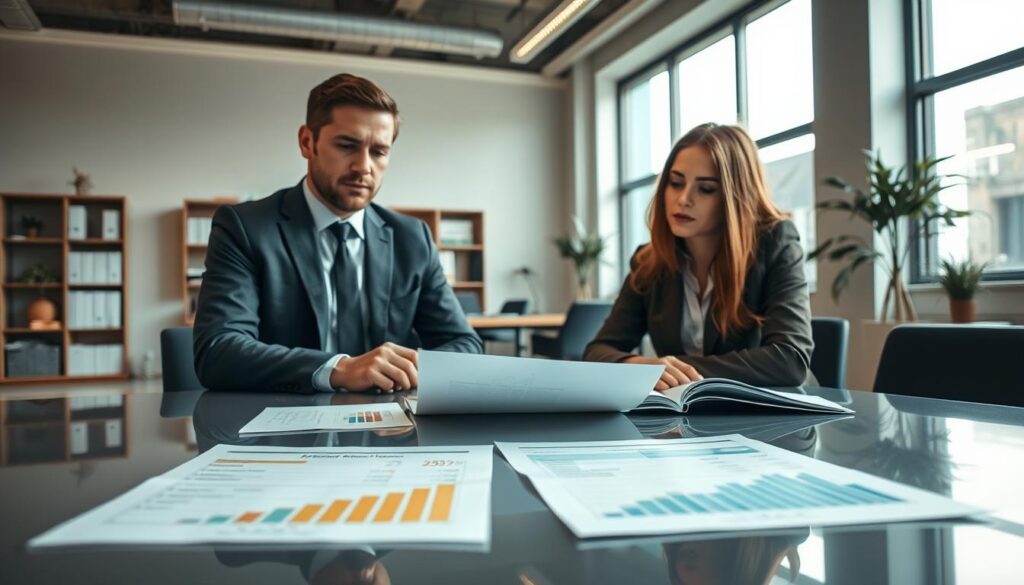 A professional office setting featuring two business professionals, one male and one female, engaged in a thoughtful discussion over financial documents laid out on a sleek table. The foreground shows charts and graphs comparing insurance quotes, with clear visual contrasts in data. The middle layer captures their focused expressions, dressed in modern business attire, conveying a mood of analysis and contemplation. In the background, a well-organized office is softly illuminated by natural light streaming through large windows, creating a warm and inviting atmosphere. The camera angle captures the scene from a slightly elevated perspective, emphasizing the interaction between the two professionals and the documents, encapsulating the theme of client takeaways in a financially driven discussion.