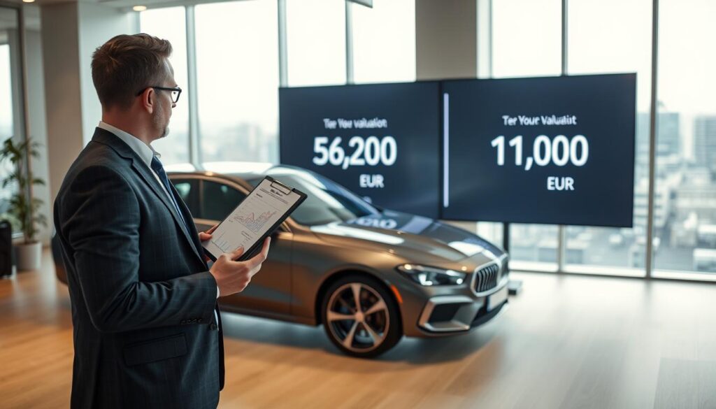 A professional office setting focused on vehicle valuation. In the foreground, a well-dressed financial advisor examines a sleek, modern car with a clipboard in hand, displaying graphs and figures related to vehicle prices. In the middle ground, a large screen shows contrasting figures: 6,200 EUR and 11,400 EUR, subtly illuminated to draw attention. Soft, natural lighting fills the room, creating a calm and analytical atmosphere. In the background, a large window reveals a cityscape, suggesting an urban environment potentially concerned with insurance and finance. The scene should evoke a sense of professionalism and importance of accurate vehicle valuation in determining compensation. The composition should be framed with a slight upward angle, emphasizing the significance of the financial discussion at hand.