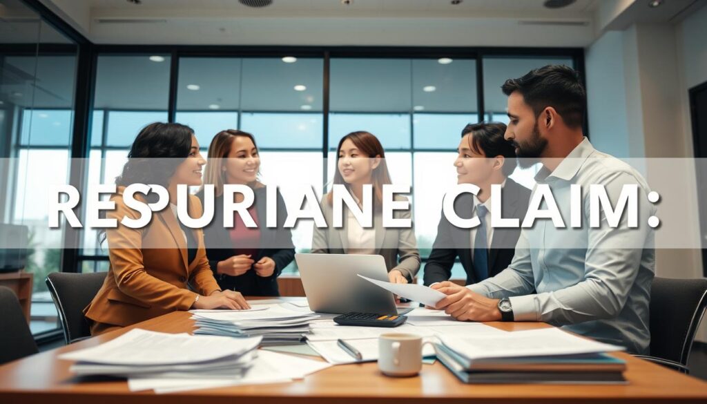 A professional office setting showcasing the process of reporting an insurance claim. In the foreground, a diverse group of three individuals—two women and one man—dressed in smart business attire, are engaged in discussion around a table filled with documents and a laptop. The middle layer features a well-organized workspace with stacks of paperwork, a calculator, and a cup of coffee, symbolizing the complexity of insurance claims. In the background, a large window allows natural light to flood the room, creating a warm and inviting atmosphere. The mood is focused and collaborative, reflecting the seriousness of handling insurance matters while maintaining professionalism. The angle is slightly elevated, offering a clearer view of the engaged participants and the workflow presented.