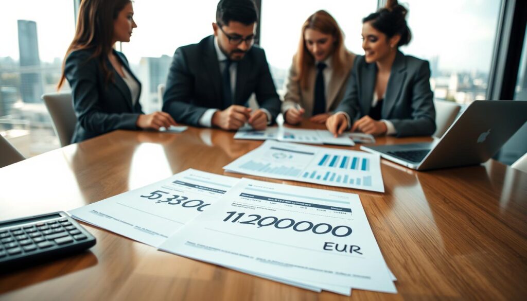 A professional office setting showcasing two contrasting financial reports on a sleek conference table. In the foreground, a close-up of two documents with prominent figures: "5,300 EUR" and "12,000 EUR," surrounded by a calculator and a laptop displaying charts. In the middle, a diverse group of three business professionals in formal attire engage in discussion, analyzing the papers with focused expressions. The background features a large window with natural light streaming in, casting soft shadows; the skyline is visible, adding depth to the scene. The atmosphere is tense yet collaborative, reflecting the high-stakes environment of insurance pricing decisions.