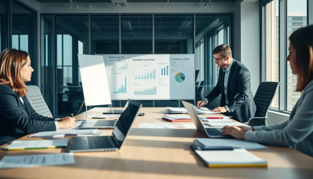 A professional office setting where a team is preparing for an insurance valuation meeting. In the foreground, two individuals dressed in business attire are gathered around a large conference table covered with documents, laptops, and insurance paperwork. One person points to a document while the other takes notes. In the middle ground, a whiteboard displays charts and graphs related to insurance valuations, emphasizing analysis and strategy. The background shows a modern office environment with large windows letting in natural light, creating a bright and focused atmosphere. Soft shadows enhance the professionalism of the scene, while a slight depth of field adds visual interest without distracting from the main action. The mood is serious and collaborative, reflecting the importance of preparation for an insurance valuation.