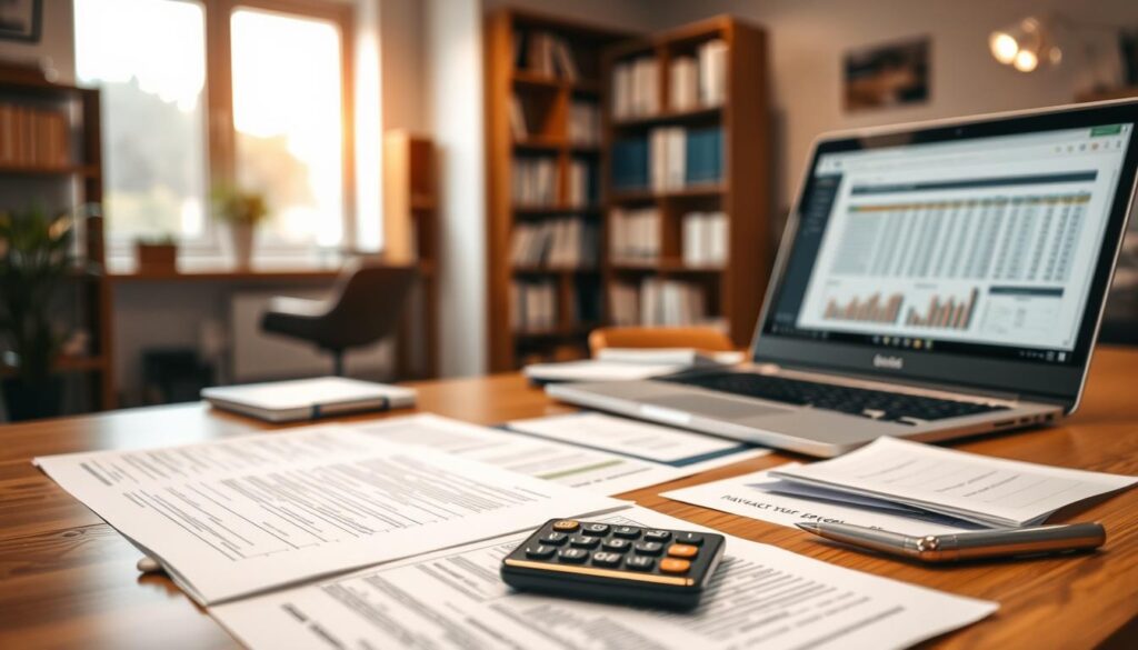 A professional setting featuring a neatly organized desk, where various documents needed for valuation are spread out. In the foreground, a detailed close-up of contracts, invoices, and paperwork, all displayed in a meticulous manner. The middle ground should include a modern laptop displaying financial spreadsheets, with a sleek calculator beside it, suggesting analysis in progress. The background reveals a blurred office environment with shelves of books and a window allowing natural light to pour in, creating a bright, focused atmosphere. The mood is one of professionalism and clarity, emphasizing the importance of thorough preparation for insurance valuations. The lighting should be warm and inviting, while the angle captures the desk scene from slightly above to include both the documents and the workspace. A professional setting featuring a neatly organized desk, where various documents needed for valuation are spread out. In the foreground, a detailed close-up of contracts, invoices, and paperwork, all displayed in a meticulous manner. The middle ground should include a modern laptop displaying financial spreadsheets, with a sleek calculator beside it, suggesting analysis in progress. The background reveals a blurred office environment with shelves of books and a window allowing natural light to pour in, creating a bright, focused atmosphere. The mood is one of professionalism and clarity, emphasizing the importance of thorough preparation for insurance valuations. The lighting should be warm and inviting, while the angle captures the desk scene from slightly above to include both the documents and the workspace.