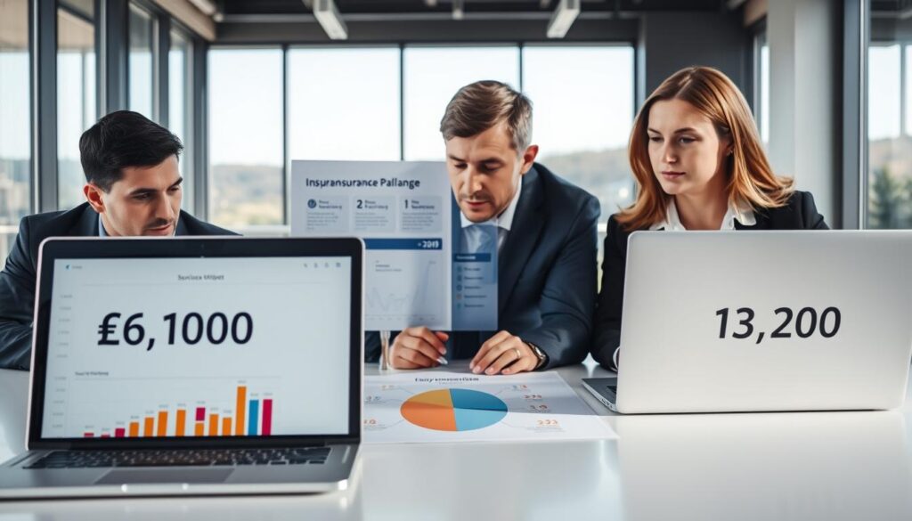 A professional setting showcasing a comparison of insurance policies. In the foreground, two laptops displaying charts and graphs: one labeled "€6,100" and the other "€13,200," symbolizing different insurance costs. Two business professionals, a man and a woman, dressed in business attire, are contemplating the data, with expressions of focus and determination. The middle ground has a large, colorful infographic illustrating the key differences in services offered by each plan, with icons representing various coverage aspects. The background features a modern office environment with large windows and natural light streaming in, creating an optimistic and analytical atmosphere. Use a bright, well-lit composition to convey clarity and professionalism, shot from a slightly elevated angle for a comprehensive view.