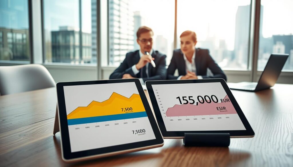 A professional setting showcasing a detailed comparison of two insurance valuation amounts. In the foreground, a sleek wooden table displays a digital tablet showing two graphs, one labeled "7,500 EUR" representing insurance valuation and the other "15,000 EUR" for MOTOEXPERT, both on colorful, contrasting backgrounds for clarity. The middle ground features a business professional in smart attire, thoughtfully analyzing the data, with a pen in hand, surrounded by documents and a laptop. In the background, a large window reveals a modern cityscape under bright daylight, creating a dynamic atmosphere. Soft, natural light floods the scene, highlighting the professionalism and seriousness of the comparison. Aim for a clean and organized workspace to emphasize clarity and focus. A professional setting showcasing a detailed comparison of two insurance valuation amounts. In the foreground, a sleek wooden table displays a digital tablet showing two graphs, one labeled "7,500 EUR" representing insurance valuation and the other "15,000 EUR" for MOTOEXPERT, both on colorful, contrasting backgrounds for clarity. The middle ground features a business professional in smart attire, thoughtfully analyzing the data, with a pen in hand, surrounded by documents and a laptop. In the background, a large window reveals a modern cityscape under bright daylight, creating a dynamic atmosphere. Soft, natural light floods the scene, highlighting the professionalism and seriousness of the comparison. Aim for a clean and organized workspace to emphasize clarity and focus.