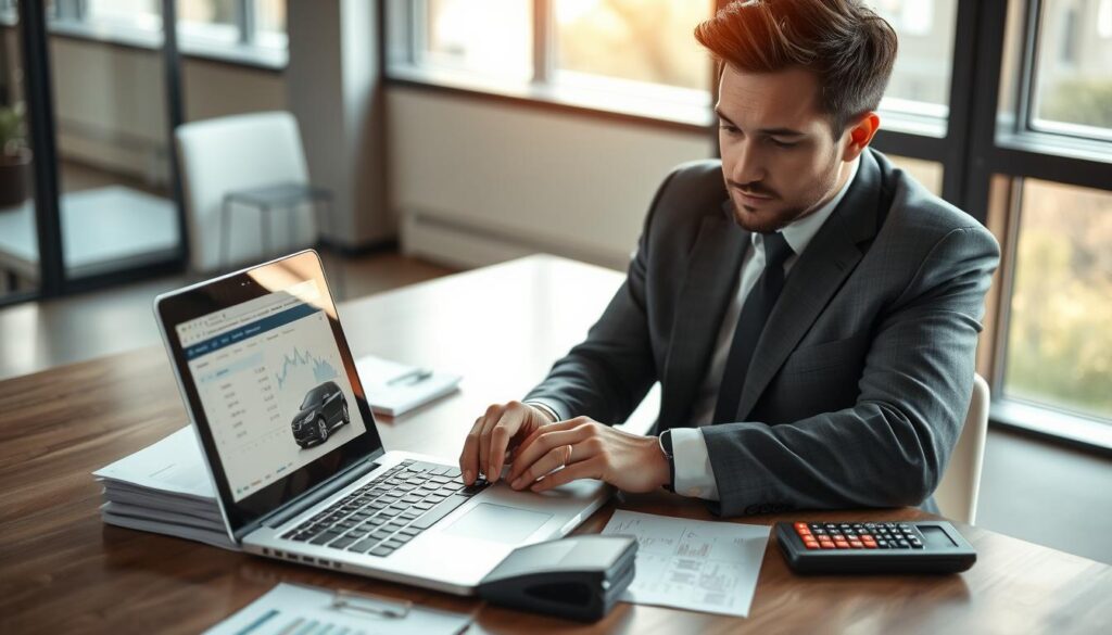A professional setting showcasing a detailed insurance evaluation process. In the foreground, a focused insurance adjuster, dressed in a business suit, examines a laptop screen displaying financial data and car images. In the middle ground, a stack of documents and a calculator are visible, conveying a meticulous analysis environment. The background features an office with large windows allowing natural light to flood in, highlighting a modern, clean workspace. The atmosphere is serious and analytical, with soft, warm lighting enhancing the professional mood. Use a slight top-down angle to emphasize the action of evaluation while maintaining a clear view of the office setting.