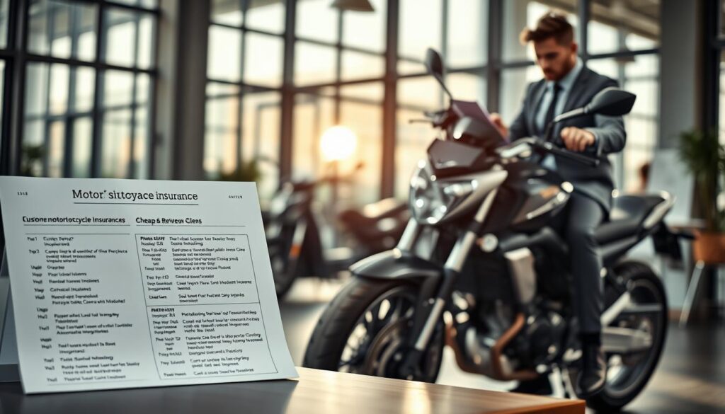 A professional setting showcasing motorcycle insurance, featuring a detailed view of two distinct motorcycle insurance policies side by side. In the foreground, display a sleek, modern motorcycle parked with a sunlight glint reflecting off its polished surface. To the left, an attractive, neatly organized table includes paperwork with bullet points highlighting customer reviews about insurers, specifically contrasting cheap and premium options. In the background, a blurred office space suggests professionalism, with a serious and focused atmosphere. Soft, natural lighting filters through large windows, creating a warm and inviting ambiance, while a shallow depth of field gives prominence to the motorcycles and documents. A business professional in smart casual attire analyzes the documents, embodying a sense of dedication and attention to detail. A professional setting showcasing motorcycle insurance, featuring a detailed view of two distinct motorcycle insurance policies side by side. In the foreground, display a sleek, modern motorcycle parked with a sunlight glint reflecting off its polished surface. To the left, an attractive, neatly organized table includes paperwork with bullet points highlighting customer reviews about insurers, specifically contrasting cheap and premium options. In the background, a blurred office space suggests professionalism, with a serious and focused atmosphere. Soft, natural lighting filters through large windows, creating a warm and inviting ambiance, while a shallow depth of field gives prominence to the motorcycles and documents. A business professional in smart casual attire analyzes the documents, embodying a sense of dedication and attention to detail.
