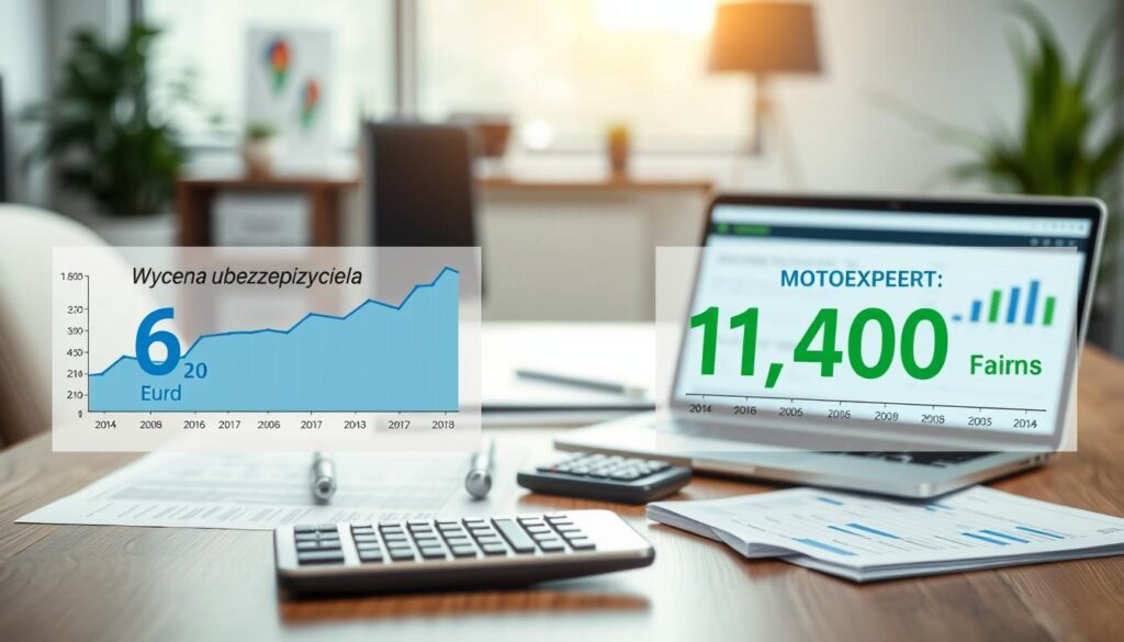 A side-by-side comparison of two detailed financial charts, depicting "Wycena ubezpieczyciela 6 200 EUR" on the left and "MOTOEXPERT 11 400 EUR" on the right. In the foreground, emphasize key statistics and differences between the two valuations using contrasting colors for clarity; the left chart should use blue and the right chart should utilize green. In the middle ground, include a sleek desk with financial documents, a calculator, and a laptop displaying data analytics. In the background, a blurred office setting with professional decor enhances the business atmosphere. Soft, natural lighting filters in through a window, creating a bright and inviting mood. The overall composition should convey a sense of professionalism and clarity in financial analysis.