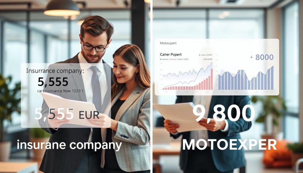 A side-by-side comparison visual illustrating two car insurance quotes: one labeled "Insurance Company: 5,555 EUR" and another labeled "MOTOEXPERT: 9,800 EUR." In the foreground, display two professional-looking businesspeople—a man and a woman—dressed in smart corporate attire, analyzing documents together. The middle ground features a sleek digital interface showcasing graphs and analytics related to insurance pricing, highlighting the differences in quotes. The background should include a blurred office setting with modern decor, emphasizing a collaborative work atmosphere. Soft, warm lighting creates an inviting and professional mood. Capture the scene from a slightly elevated angle to provide a comprehensive view of the subjects and their environment, reflecting the essence of conclusions and recommendations in an analytical setting. A side-by-side comparison visual illustrating two car insurance quotes: one labeled "Insurance Company: 5,555 EUR" and another labeled "MOTOEXPERT: 9,800 EUR." In the foreground, display two professional-looking businesspeople—a man and a woman—dressed in smart corporate attire, analyzing documents together. The middle ground features a sleek digital interface showcasing graphs and analytics related to insurance pricing, highlighting the differences in quotes. The background should include a blurred office setting with modern decor, emphasizing a collaborative work atmosphere. Soft, warm lighting creates an inviting and professional mood. Capture the scene from a slightly elevated angle to provide a comprehensive view of the subjects and their environment, reflecting the essence of conclusions and recommendations in an analytical setting.