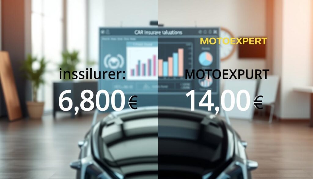 A split scene showcasing a comparison between two car insurance valuations, with the left side representing the insurer's valuation of 6,800 EUR and the right side displaying MOTOEXPERT's valuation of 14,200 EUR. In the foreground, a sleek, modern car is positioned with a subtle divide between the two valuations. The middle ground features a digital infographic style presentation, with visuals such as bar graphs or pie charts illustrating the disparity in valuations. In the background, a professional office environment hints at a financial context, with blurred images of financial documents and calculators. Soft, natural lighting filters in from the left, creating a warm atmosphere. The overall mood should be analytical but approachable, designed to engage readers with clarity and professionalism. A split scene showcasing a comparison between two car insurance valuations, with the left side representing the insurer's valuation of 6,800 EUR and the right side displaying MOTOEXPERT's valuation of 14,200 EUR. In the foreground, a sleek, modern car is positioned with a subtle divide between the two valuations. The middle ground features a digital infographic style presentation, with visuals such as bar graphs or pie charts illustrating the disparity in valuations. In the background, a professional office environment hints at a financial context, with blurred images of financial documents and calculators. Soft, natural lighting filters in from the left, creating a warm atmosphere. The overall mood should be analytical but approachable, designed to engage readers with clarity and professionalism.
