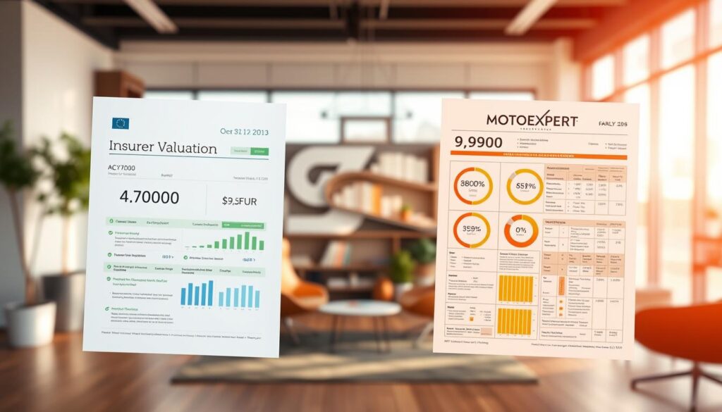 A split-screen visual comparison of two insurance valuation summaries. On the left, an elegant document labeled "Insurer Valuation: 4,700 EUR," showcasing a clear, concise layout with graphs and figures outlining benefits, with a soothing color palette of blue and green. On the right, a contrasting document labeled "MOTOEXPERT: 9,900 EUR," displaying a more complex valuation with intricate charts, warm tones of orange and yellow. The background features a soft-focus office setting with modern furniture and a gentle light streaming through large windows, creating a professional and inviting atmosphere. A warm and analytical mood prevails, emphasizing clarity and insight into the comparison analysis. No text or additional annotations are present.