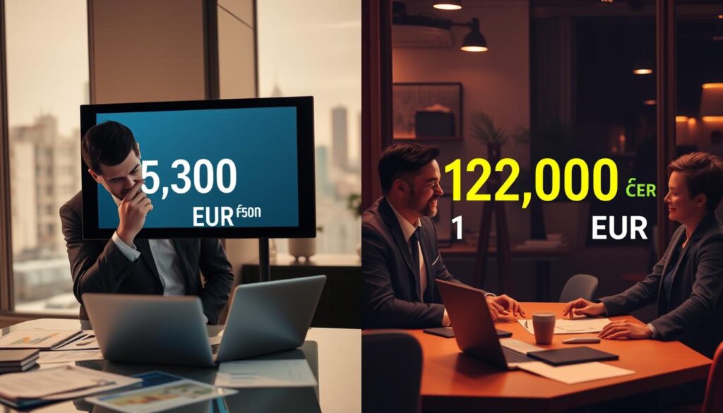 A split-screen visualization demonstrating a cost comparison between two car insurance evaluations. On the left side, depict a professional office environment with a clear focus on a sleek digital display showing a cost of 5,300 EUR. A businessperson in formal attire examines the data with a thoughtful expression, surrounded by papers and a laptop with insurance charts. On the right side, showcase a vividly designed workspace featuring a higher valuation of 12,000 EUR prominently displayed. Here, another individual, also in professional attire, appears pleased while discussing details with a colleague. The background should include subtle details like city skyline through a window, and warm lighting to create a professional yet inviting atmosphere. The overall mood is informative and analytical, capturing the essence of financial evaluation. A split-screen visualization demonstrating a cost comparison between two car insurance evaluations. On the left side, depict a professional office environment with a clear focus on a sleek digital display showing a cost of 5,300 EUR. A businessperson in formal attire examines the data with a thoughtful expression, surrounded by papers and a laptop with insurance charts. On the right side, showcase a vividly designed workspace featuring a higher valuation of 12,000 EUR prominently displayed. Here, another individual, also in professional attire, appears pleased while discussing details with a colleague. The background should include subtle details like city skyline through a window, and warm lighting to create a professional yet inviting atmosphere. The overall mood is informative and analytical, capturing the essence of financial evaluation.