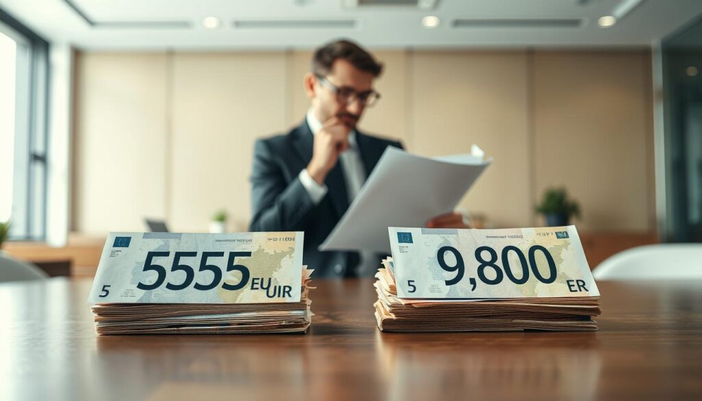 A visually compelling image illustrating the concept of price differences in insurance valuation. In the foreground, two contrasting piles of currency notes—one labeled "5,555 EUR" and the other "9,800 EUR"—are displayed on a polished wooden table. In the middle ground, a professional business person in modest casual attire, analyzing reports with a thoughtful expression, examines the discrepancies between the two amounts. The background features a modern office setting with soft ambient lighting, creating a calm and serious mood, highlighting the importance of financial comparison. Use a shallow depth of field to keep the focus on the currency and the business professional, capturing the essence of financial evaluation in a corporate environment.