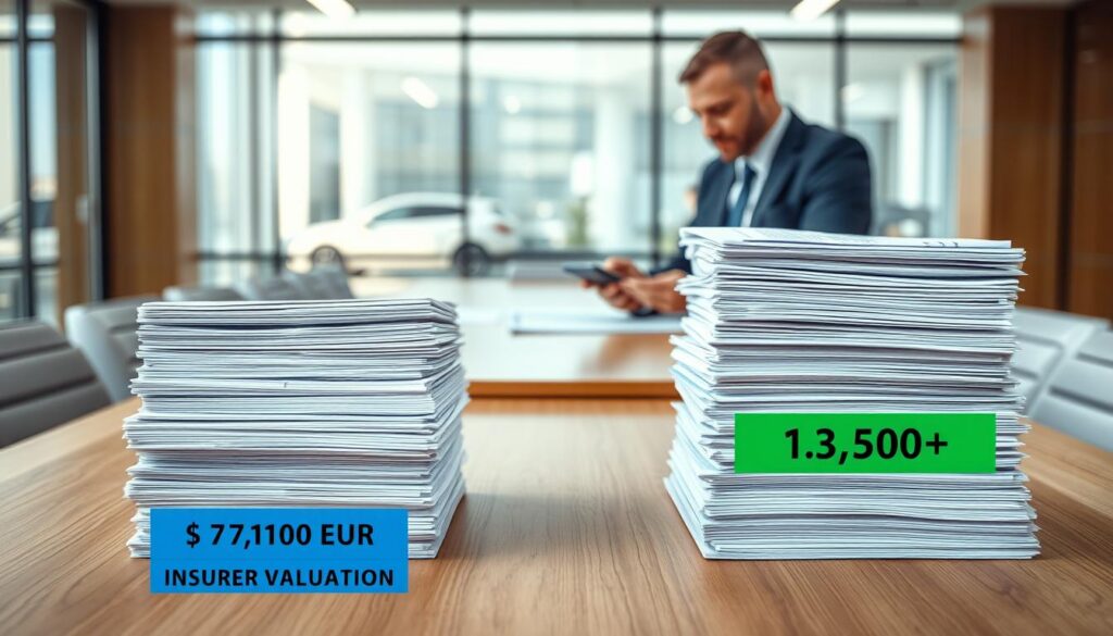 A visually engaging comparison image illustrating valuation amounts, featuring two distinct piles of financial documents. In the foreground, on the left, a neat stack labeled "Insurer Valuation: 7,100 EUR" with a blue subheading. On the right, a taller pile representing "MOTOEXPERT Valuation: 13,500 EUR," adorned with a green subheading. In the middle ground, a wooden conference table where a business professional in business attire analyzes the documents with a calculator. The background shows a modern office space with large windows allowing natural light to illuminate the scene, creating a bright and professional atmosphere. Emphasize clarity and organization to effectively communicate the comparison theme. A visually engaging comparison image illustrating valuation amounts, featuring two distinct piles of financial documents. In the foreground, on the left, a neat stack labeled "Insurer Valuation: 7,100 EUR" with a blue subheading. On the right, a taller pile representing "MOTOEXPERT Valuation: 13,500 EUR," adorned with a green subheading. In the middle ground, a wooden conference table where a business professional in business attire analyzes the documents with a calculator. The background shows a modern office space with large windows allowing natural light to illuminate the scene, creating a bright and professional atmosphere. Emphasize clarity and organization to effectively communicate the comparison theme.